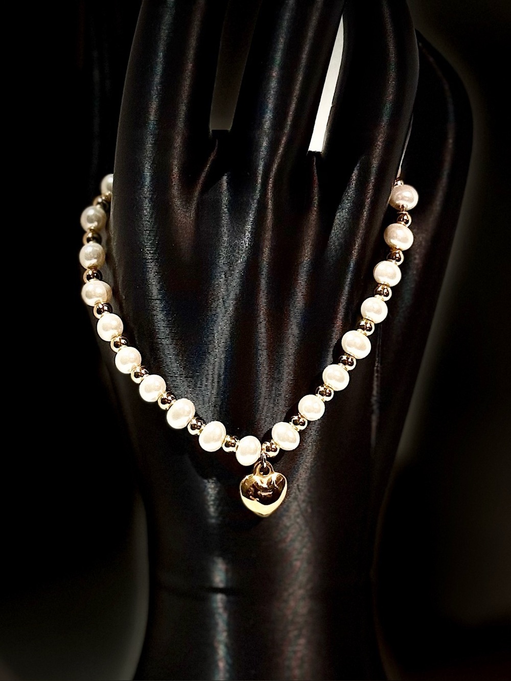 Pearl Bead Bracelet with Gold Heart Pendant